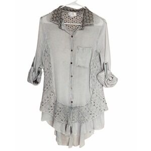 Kamana Lagenlook Eyelet Tunic Blouse Roll Tab Sleeve Cottagecore Gray Sz Large